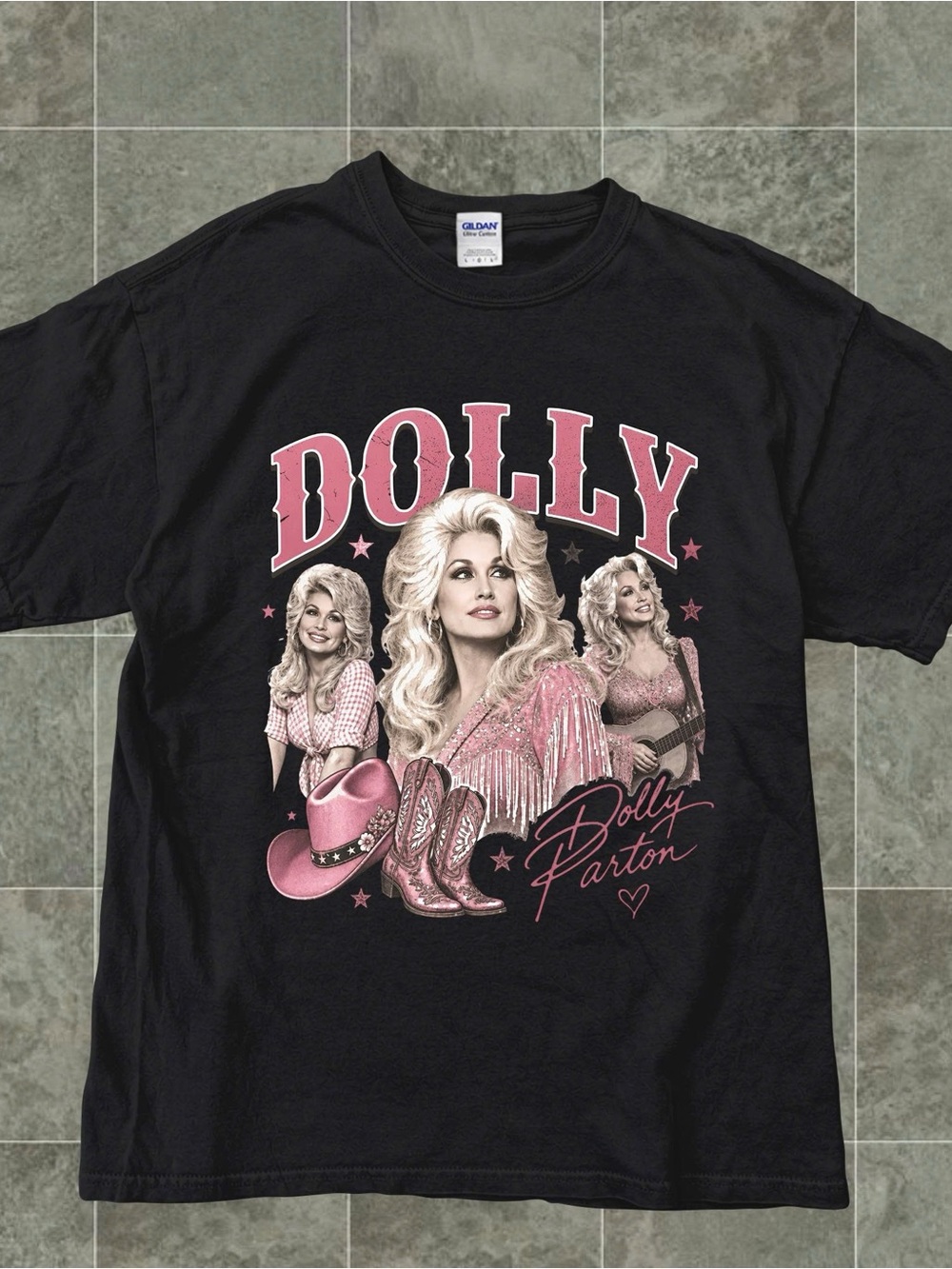 Gildan Black Tee with Pink Dolly Parton Graphic